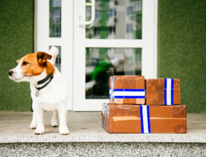 dog standing on porch next to shipping boxes